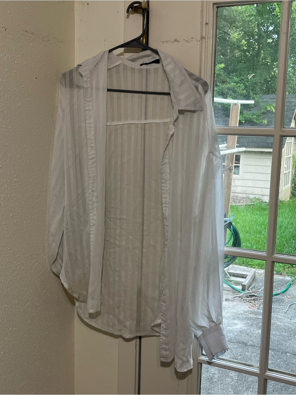 Lightweight Sheer Striped Button-Up Shirt — White